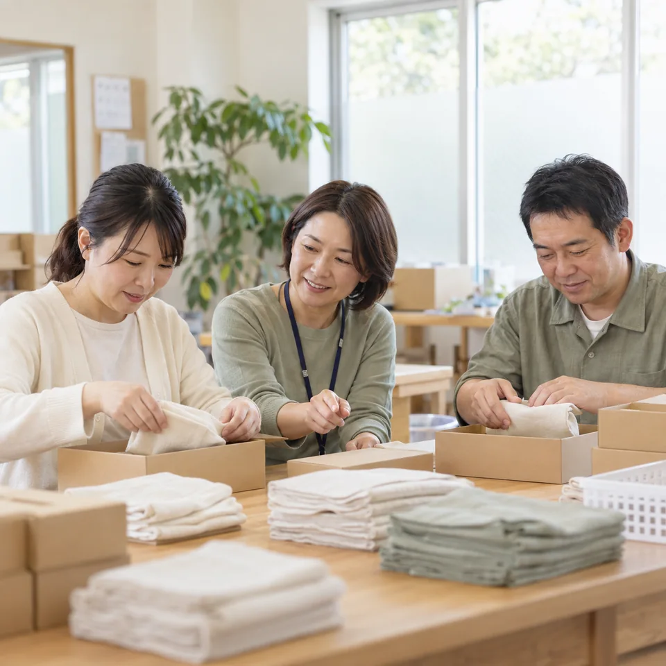 スタッフと協力して箱詰めに取り組む就労支援の作業風景のイメージ